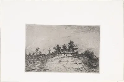 Gezicht op een rietgedekt huis en nabij gelegen molen