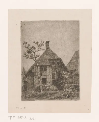 Gezicht op een rietgedekte hoeve