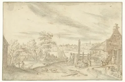 Gezicht op een rivier bij een veerhuis