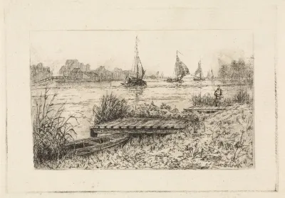 Gezicht op een rivier met drie zeilschepen