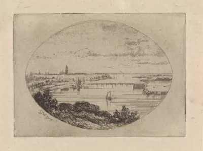 Gezicht op een rivier met een brug