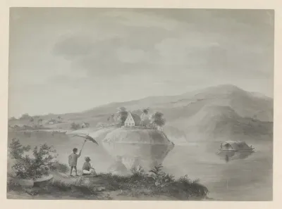 Gezicht op een rivier met enkele huizen, mogelijk Berg en Dal