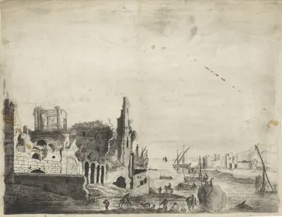 Gezicht op een rivierlandschap met ruïnes
