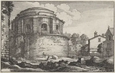 Gezicht op een rond Romeins gebouw