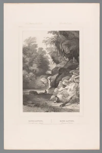 Gezicht op een rotsachtig landschap met waterval in Batu Gantung
