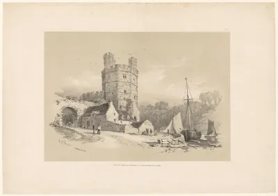 Gezicht op een ruïne te Caernarvon