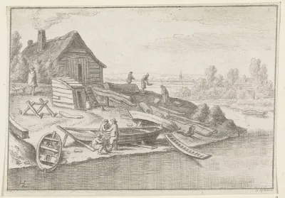 Gezicht op een scheepstimmerwerf