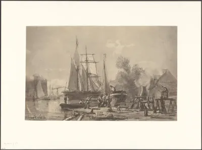 Gezicht op een scheepstimmerwerf