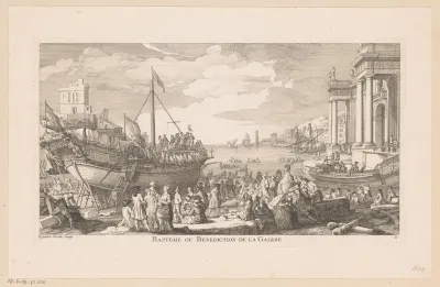 Gezicht op een scheepswerf waar een schip gedoopt wordt