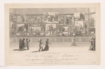 Gezicht op een schilderijengalerij met elf figuren in het Musée du Louvre