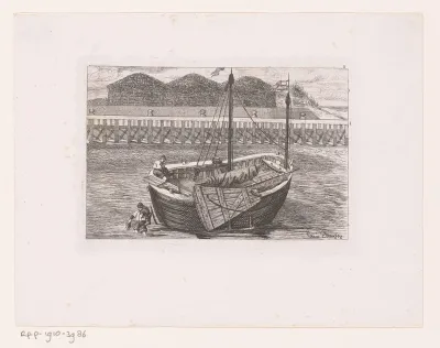 Gezicht op een schip met zwaarden bij een pier