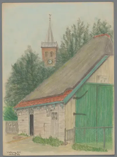 Gezicht op een schuur en de kerktoren van Valkkoog
