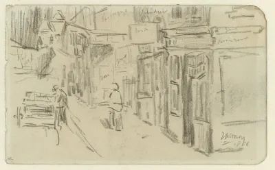 Gezicht op een slingerende winkelstraat met een man met een kar