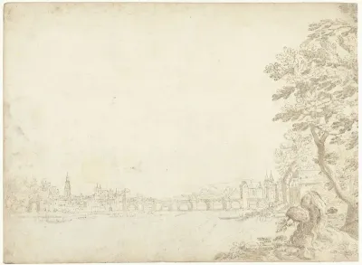 Gezicht op een stad aan een rivier (de Donau?)