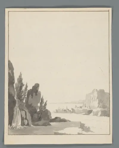 Gezicht op een stad aan het water met op de voorgrond een waterval