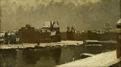 Gezicht op een stad in de sneeuw