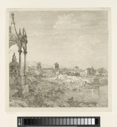 Gezicht op een stad met graftombe van een bisschop