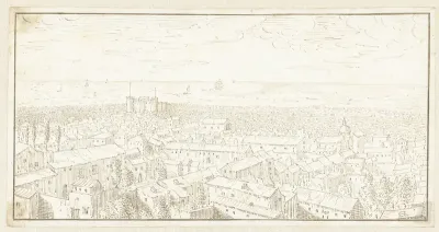 Gezicht op een stad met in de verte een vesting