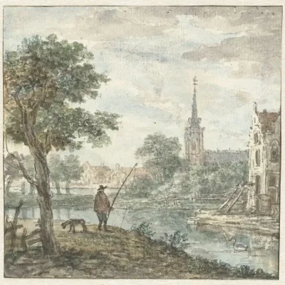 Gezicht op een stad met op de voorgrond een hengelaar