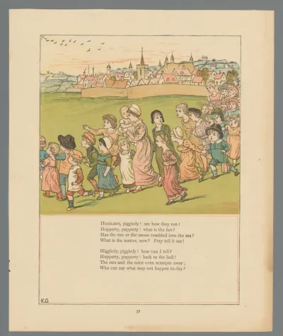 Gezicht op een stad met op de voorgrond een stoet kinderen