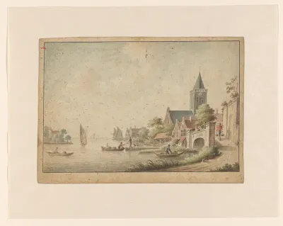 Gezicht op een stadje aan het water