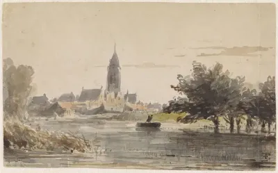 Gezicht op een stadje, gezien van over een rivier