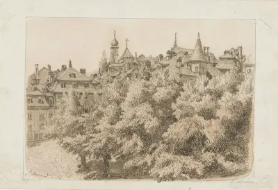 Gezicht op een stadsplein met bomen