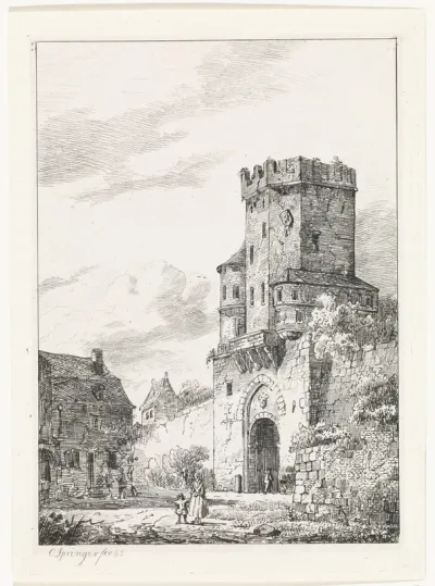 Gezicht op een stadspoort met toren