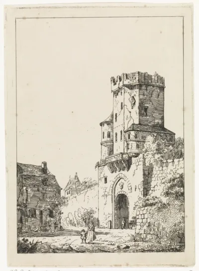 Gezicht op een stadspoort met toren