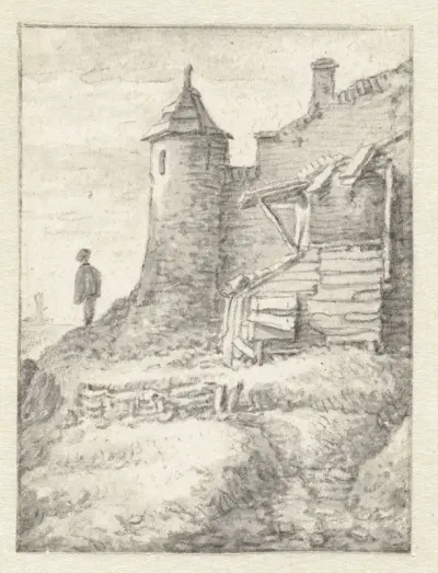 Gezicht op een stadswal met toren