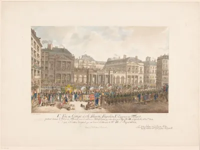 Gezicht op een stoet met Napoleon I Bonaparte