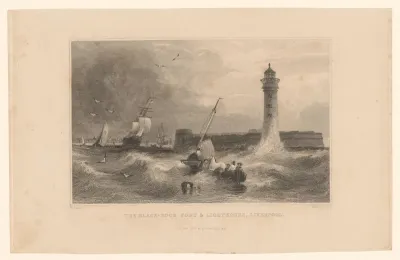 Gezicht op een stormachtige zee, Port Perch Rock en de vuurtoren