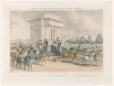 Gezicht op een straat en Wellington Arch op Hyde Park Corner