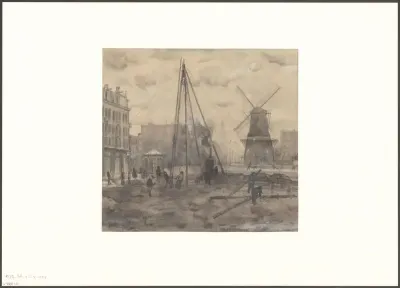 Gezicht op een straat in Amsterdam, mogelijk de Marnixstraat met molen De Victor