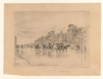 Gezicht op een straat met koetsen op een regenachtige dag