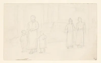 Gezicht op een straat met vrouwen en kinderen