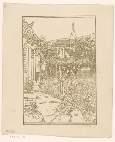 Gezicht op een tuin met waterput, huizen en een kerktoren