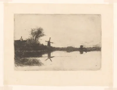 Gezicht op een vaart, huizen en een molen