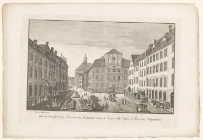 Gezicht op een vismarkt in Keulen met de Sint-Petruskerk