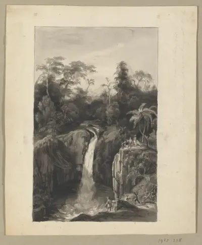 Gezicht op een waterval in Preanger op Java