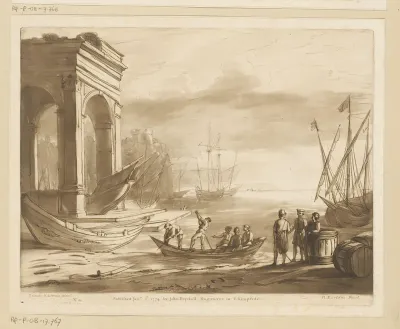Gezicht op een zeehaven bij rotsachtige kust met Romeins bouwwerk
