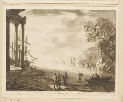 Gezicht op een zeehaven met een tempel