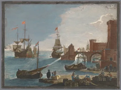 Gezicht op een zeehaven met schepen en boten op het water