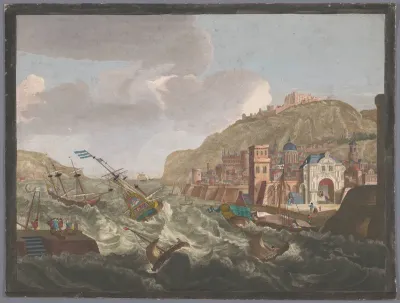 Gezicht op een zuidelijke haven met schepen en boten op het woeste water