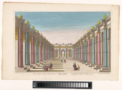 Gezicht op een zuilengalerij van een paleis te Sint-Petersburg