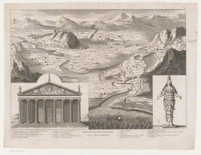 Gezicht op Efeze met tempel en standbeeld
