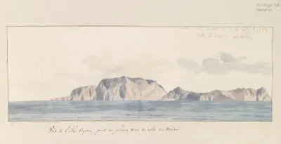 Gezicht op eiland Capri vanaf open zee voor zuidkust