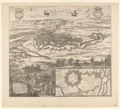 Gezicht op en plattegrond van Casale Monferrato