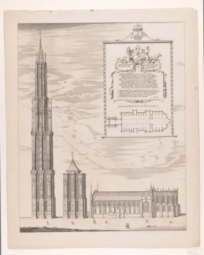Gezicht op en plattegrond van de Sint-Lievensmonstertoren en de Sint-Lievenskerk