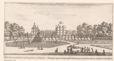Gezicht op Engelse parterres met grote fontein en watervallen
